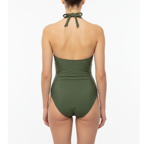 🌿 Aqua Eve Ruched One-Piece Halter Tummy Control Swimsuit S - Picture 2 of 7